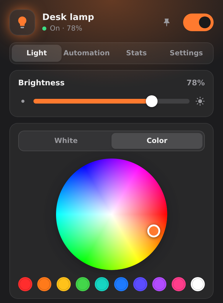 Glowtray Light panel showing brightness, color temperature, color wheel and scenes